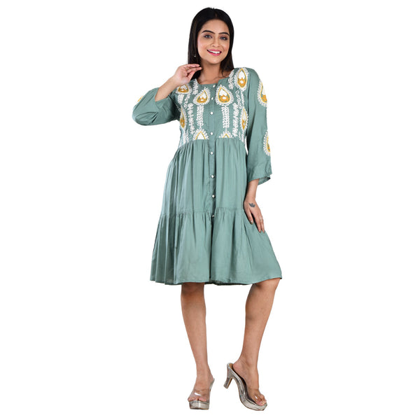 Teal Embroidered Knee Length Dress