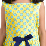 Clothe Funn Girls Square Neck, Polka Dot Printed Dress, Yellow & T.Blue