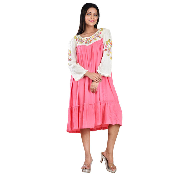 Pink Flared Dress with Embroidery