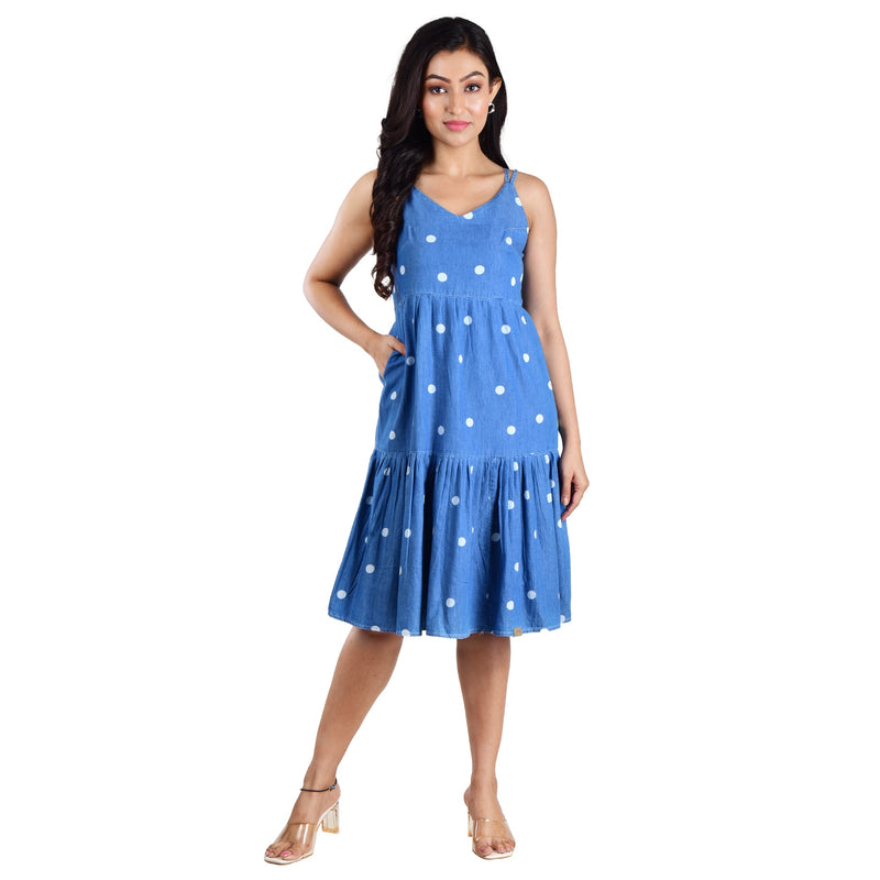 Spaghetti Denim Polka Dress