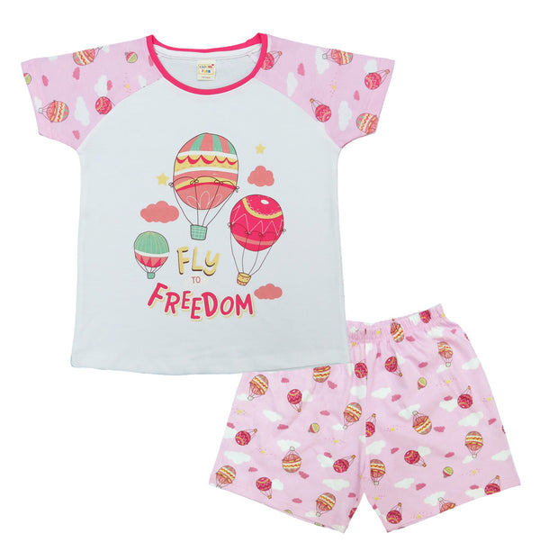 Clothe Funn Girls Cotton Nightwear set, White & Pink AOP