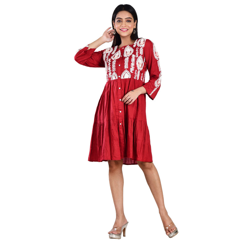 Maroon Embroidered Knee Length Dress