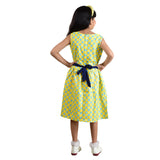 Clothe Funn Girls Square Neck, Polka Dot Printed Dress, Yellow & T.Blue