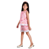 Clothe Funn Girls Fancy Printed Sleeveless Co-Ord Set, Shorts Set, Cotton Fabric, Pink