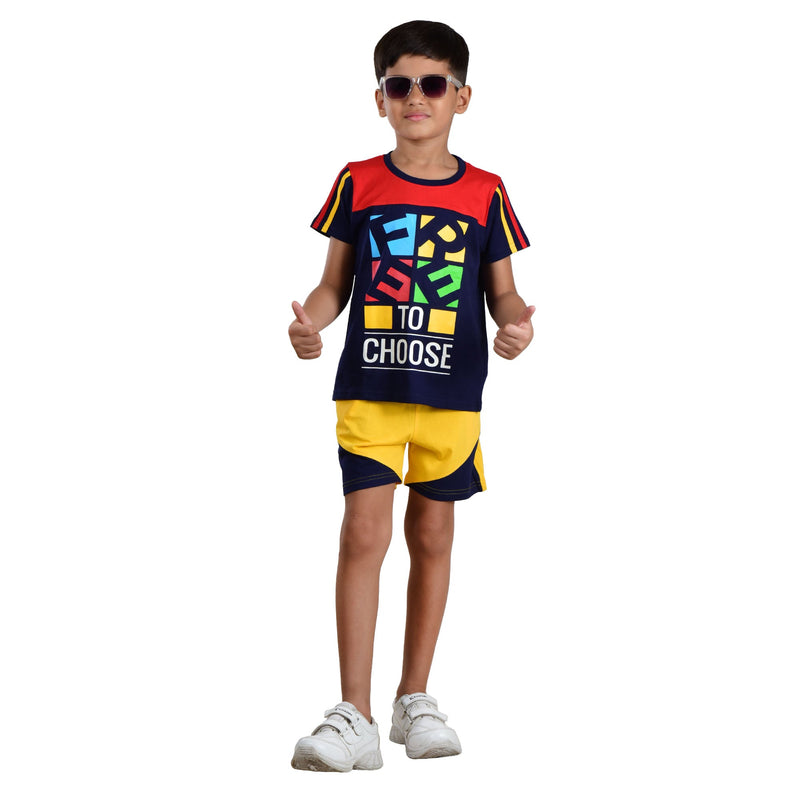 Clothe Funn Boys Co-Ord Set Set, Half Sleeve T-Shirt & Shorts Set, Navy & Gold