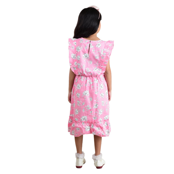 Clothe Funn Girls Sleeveless Floral Printed Dress, Modern Frock, Pink AOP