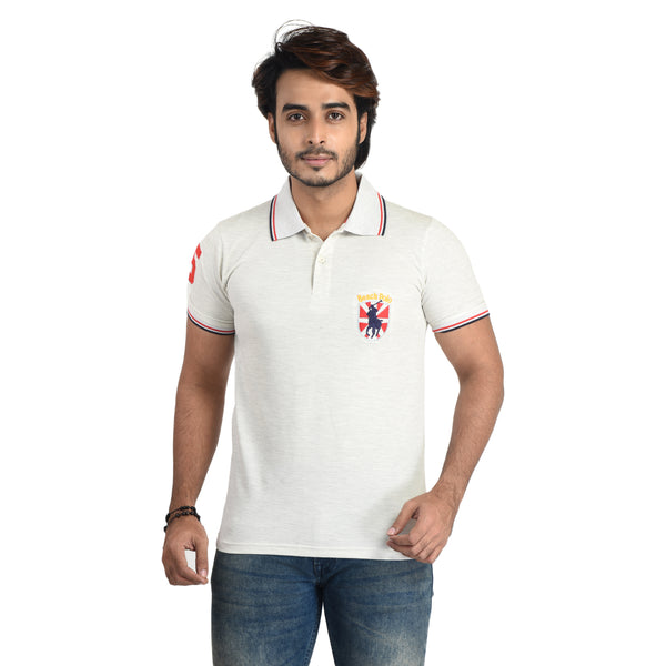Clothe Funn Mens Polo T-Shirt Embroidery, Ecru Melange