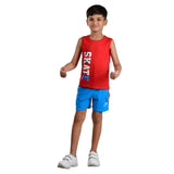 Clothe Funn Boys Co-Ord Set, Sleeveless T-Shirts & Shorts Set, Red & Blue