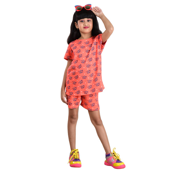 Clothe Funn Girls Nightwear/Girls Co Ord Set, Coral AOP