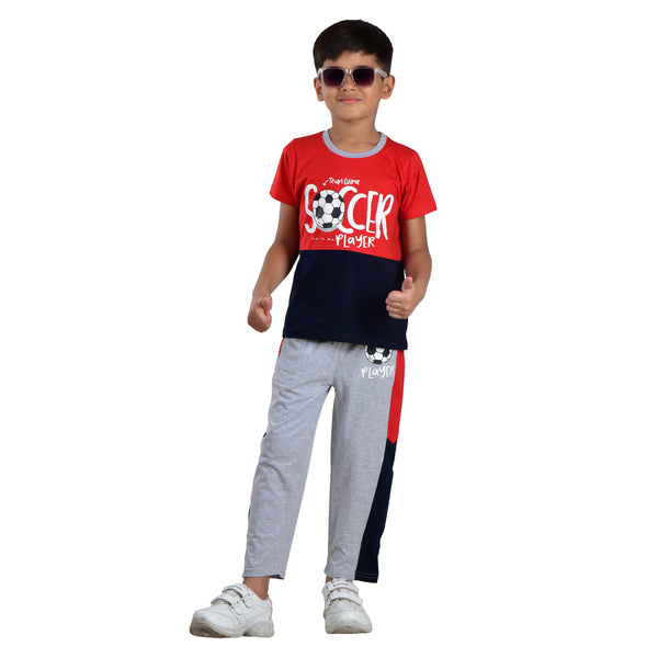 Boys Half sleeve T-Shirt & Full Pant Co-Ord Set, Red & Ecru Melange