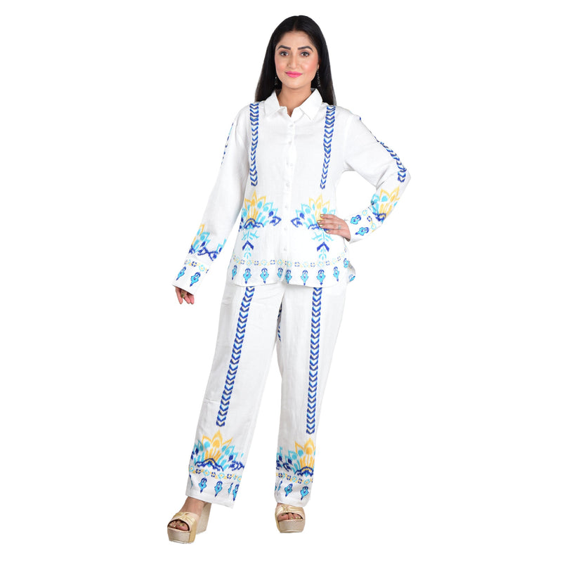 Daisy White Cotton Placement Printed Co-ord Set