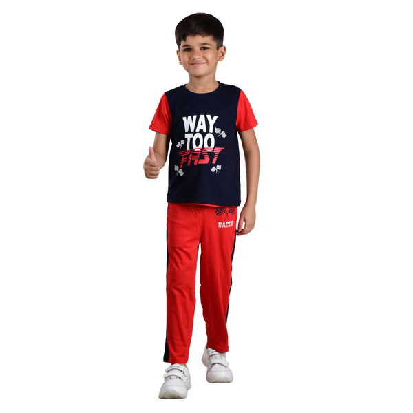 Boys Half sleeve T-Shirt & Full Pant Co-Ord Set, Navy & Red