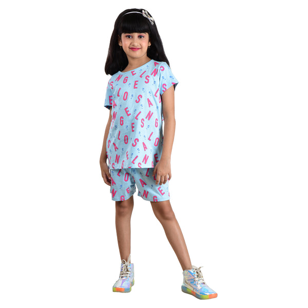 Clothe Funn Girls Nightwear/Girls Co Ord Set, Sky Blue AOP