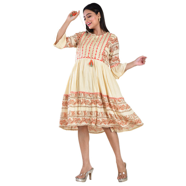 Flared  Embroidered Beige Dress