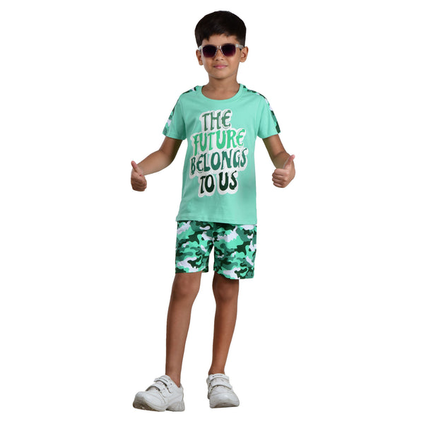 Clothe Funn Boys Co-Ord Set Set, Half Sleeve T-Shirt & Shorts Set, Sea Green & Military