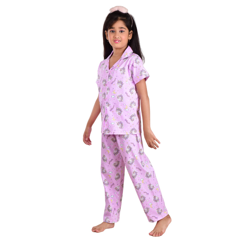 Clothe Funn Girls Cotton Night Suit Set, Purple AOP