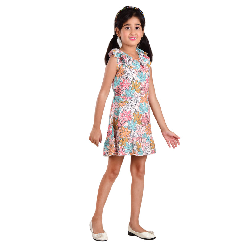 Clothe Funn Girls Frill Neck, Floral Printed Dress, Beige Flower AOP