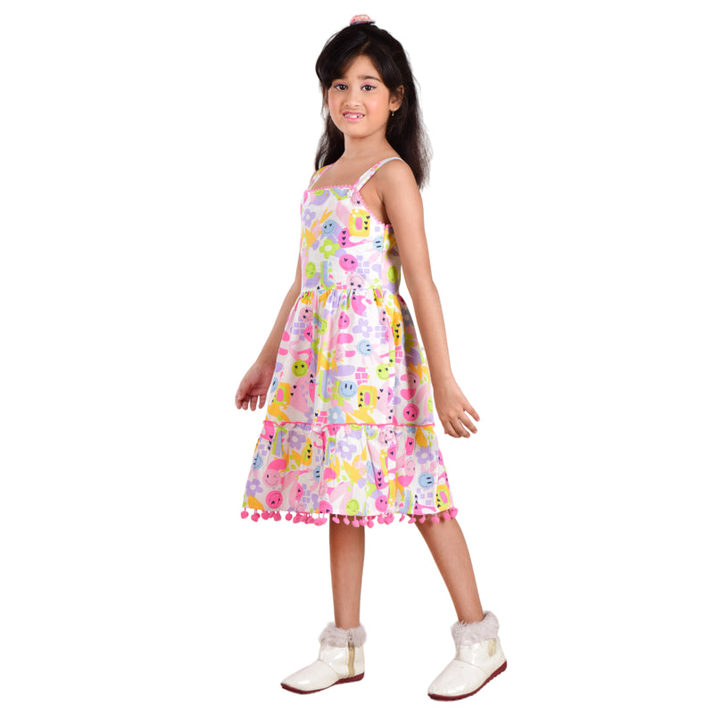 Clothe Funn Girls Sleeveless Frock With Strap, White Multi