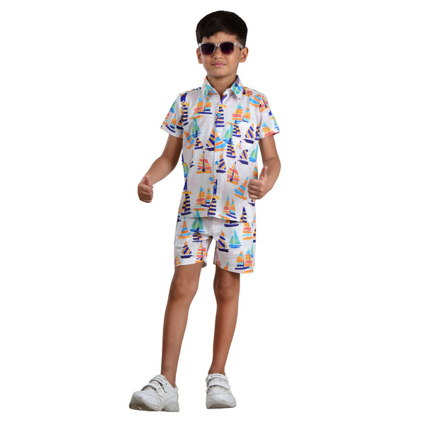 Boys Half sleeve Shirt & Shorts Co-Ord Set, White Boat AOP