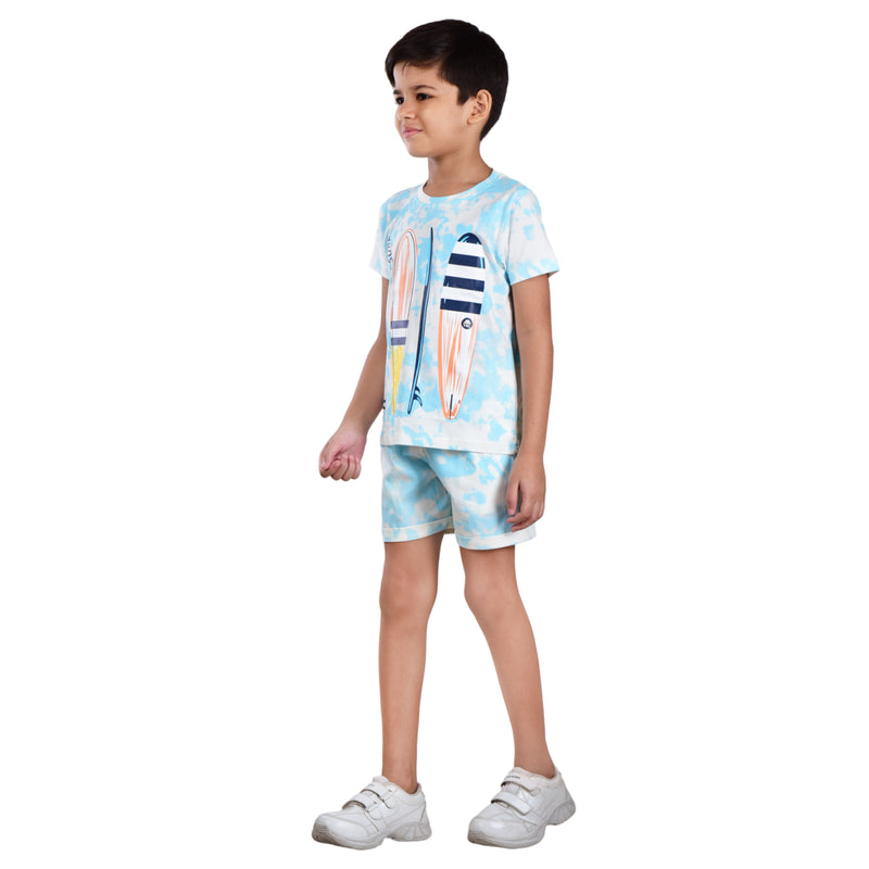 Boys Half sleeve Shirt & Shorts Co-Ord Set, Off White & Green