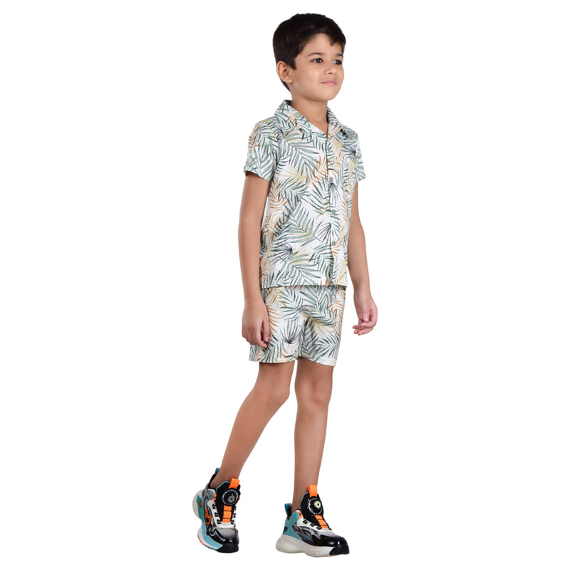 Boys Half sleeve Shirt & Shorts Co-Ord Set, Green Leaf AOP