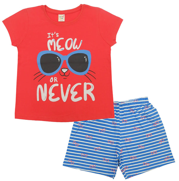 Clothe Funn Girls Cotton Nightwear set, Coral & Sky
