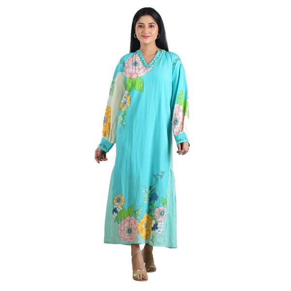 Foral Burst Turquoise Blue Dress Long