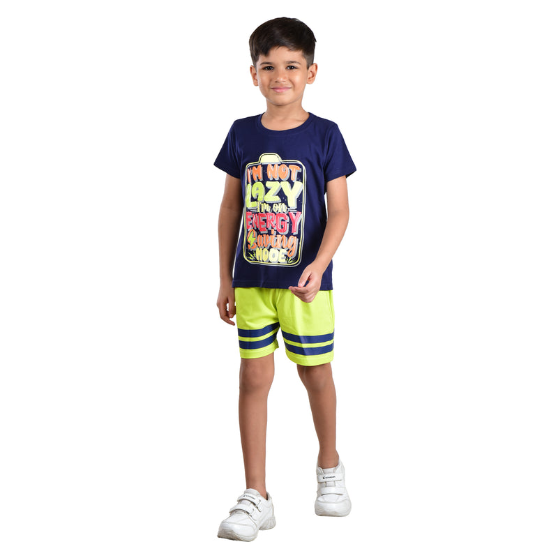 Clothe Funn Boys Co-Ord Set Set, Half Sleeve T-Shirt & Shorts Set, Navy & Acid Green