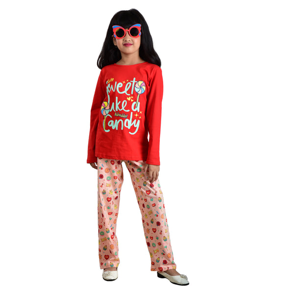 Clothe Funn Girls Cotton Nightwear Set, Co-Ordinate Set, Red/Peach