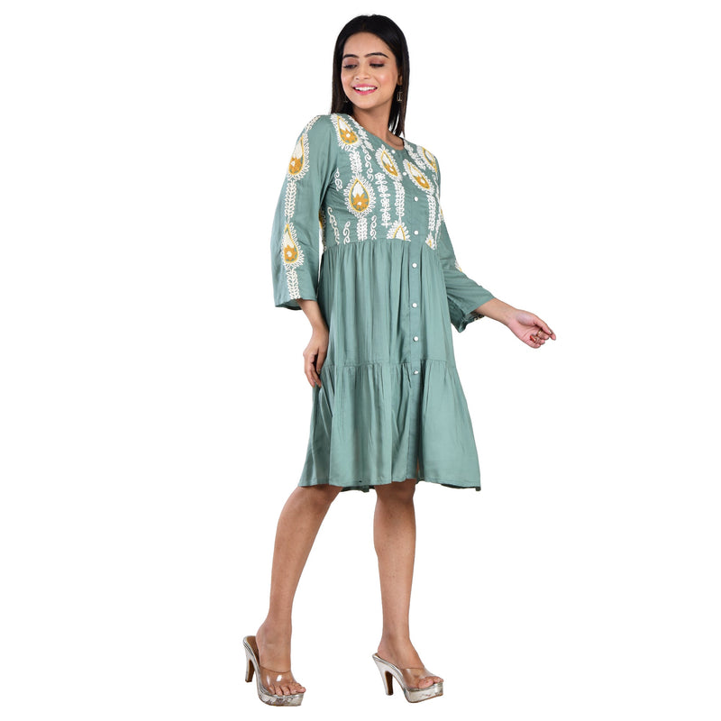 Teal Embroidered Knee Length Dress