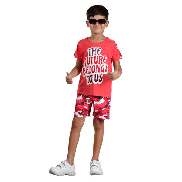 Clothe Funn Boys Co-Ord Set Set, Half Sleeve T-Shirt & Shorts Set, Coral & Military