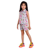 Clothe Funn Girls All-over Printed Sleeveless Co-Ord Set, Shorts Set, Woven Fabric, Grey AOP