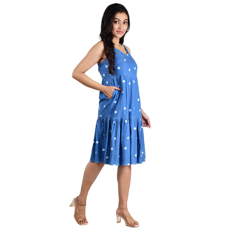 Spaghetti Denim Polka Dress