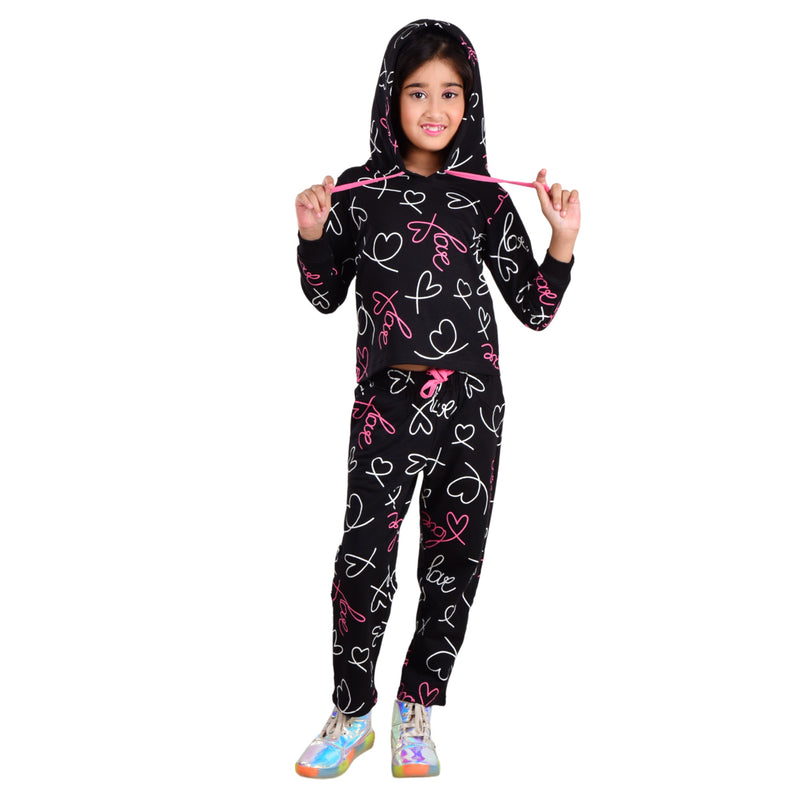 Clothe Funn Girls Track Suit, Hood Sweatshirt & Track Pant, Black