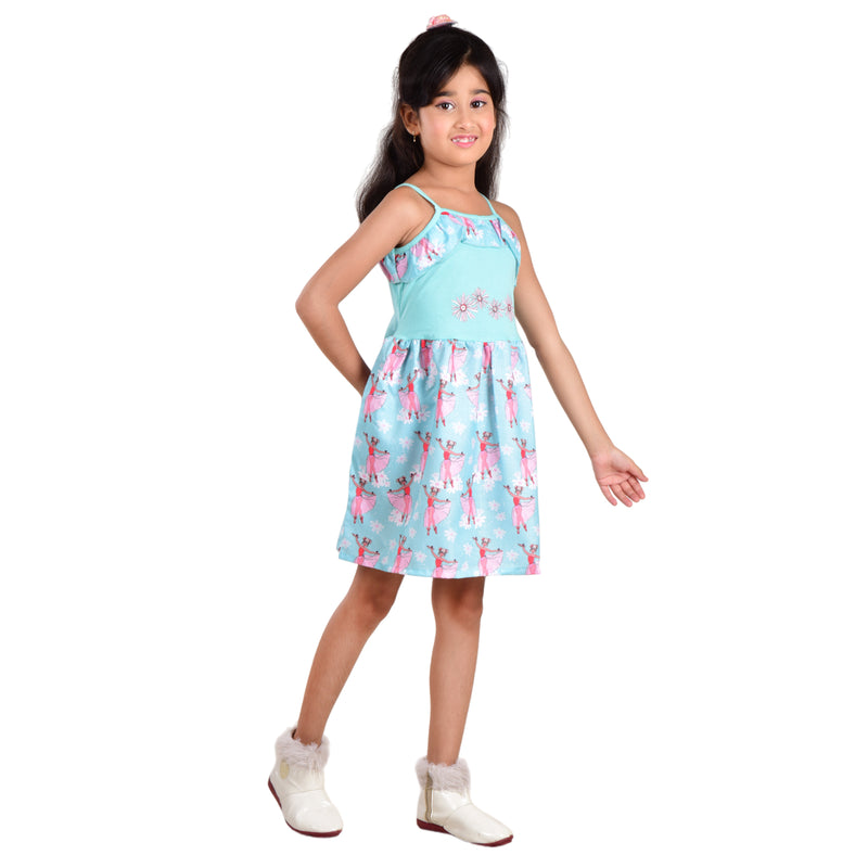 Clothe Funn Girls Sleeveless Frock With Strap, Sky Blue AOP