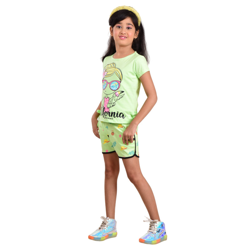 Clothe Funn  All-over printed Half Sleeve Girls Co-Ord Set, Lime Green