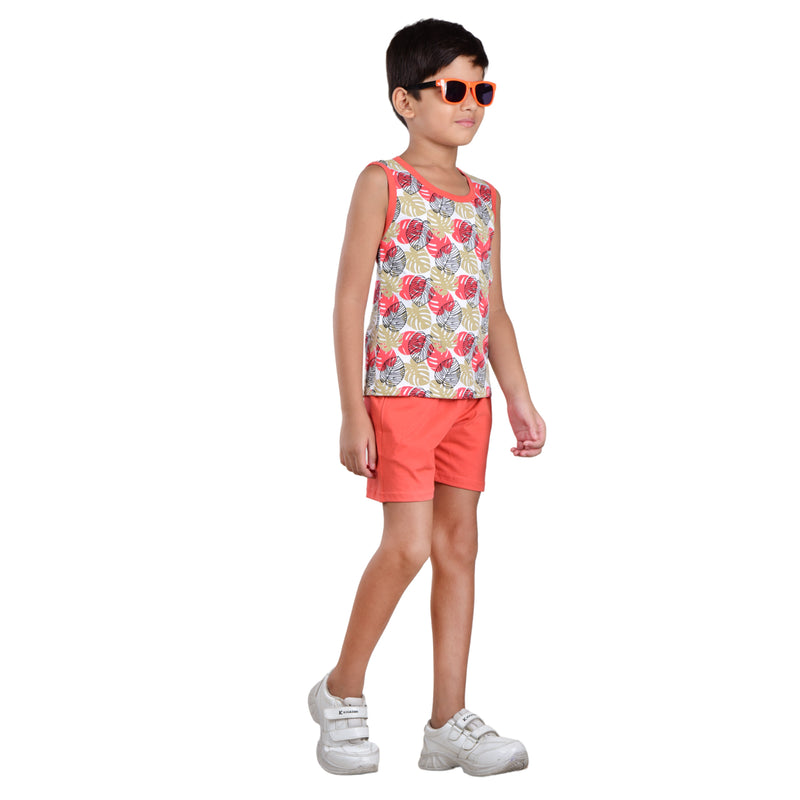 Clothe Funn Boys C-Ord Set, Sleeveless T-Shirt & Shorts, White & Coral