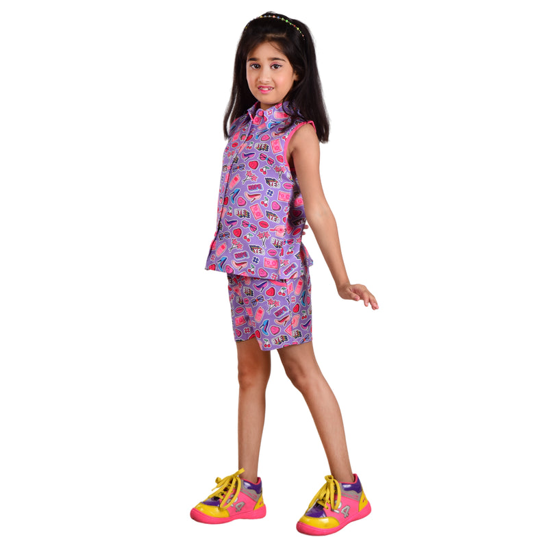 Clothe Funn Girls All-over Printed Sleeveless Co-Ord Set, Shorts Set, Woven Fabric, Purple AOP