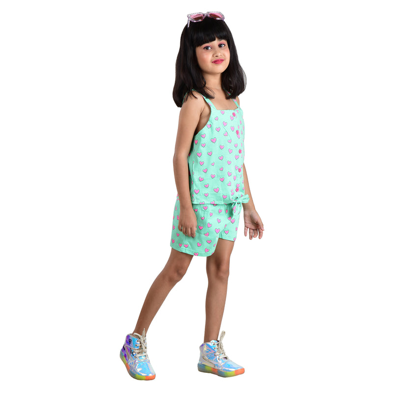 Clothe Funn  All-over printed Sleevelss Girls Co-Ord Set, Mint Heart AOP