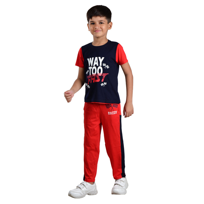 Boys Half sleeve T-Shirt & Full Pant Co-Ord Set, Navy & Red