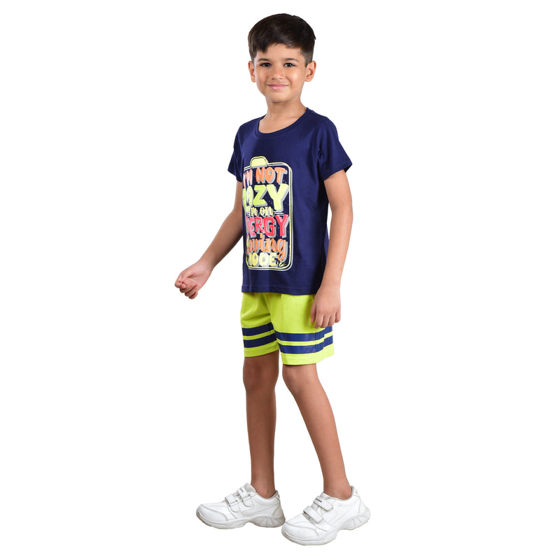 Clothe Funn Boys Co-Ord Set Set, Half Sleeve T-Shirt & Shorts Set, Navy & Acid Green