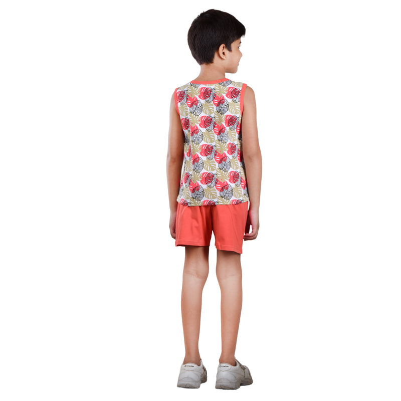 Clothe Funn Boys C-Ord Set, Sleeveless T-Shirt & Shorts, White & Coral