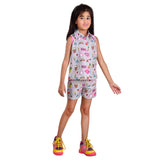 Clothe Funn Girls All-over Printed Sleeveless Co-Ord Set, Shorts Set, Woven Fabric, Grey AOP