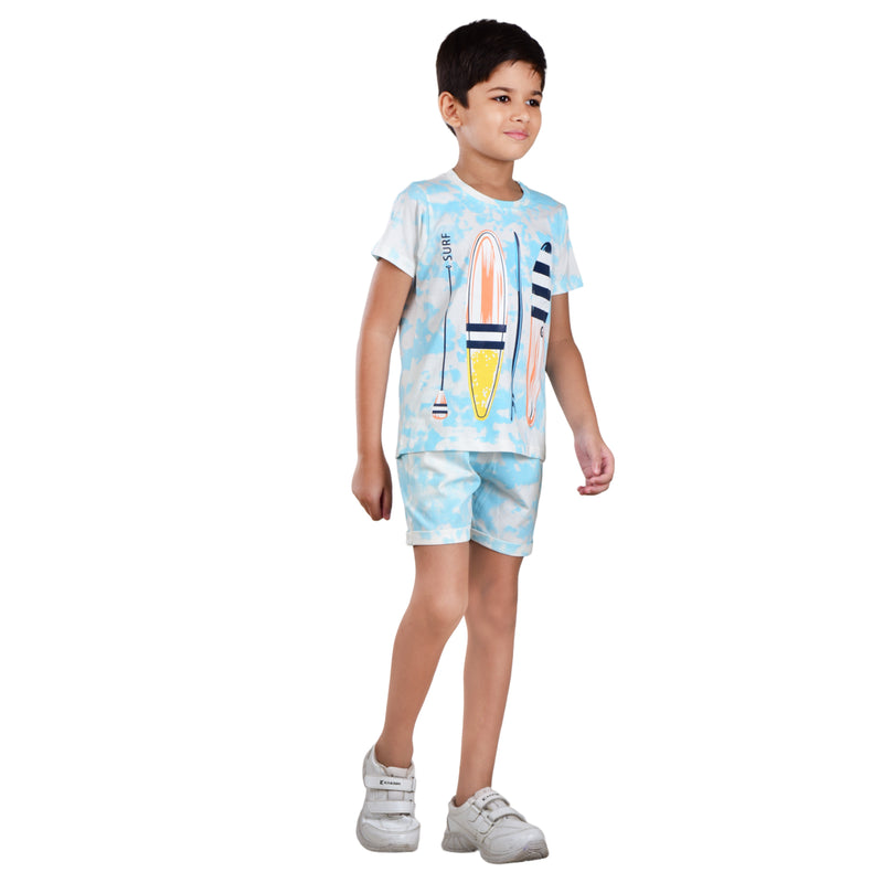 Boys Half sleeve Shirt & Shorts Co-Ord Set, Off White & Green