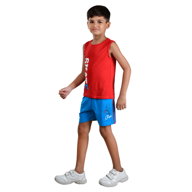 Clothe Funn Boys Co-Ord Set, Sleeveless T-Shirts & Shorts Set, Red & Blue