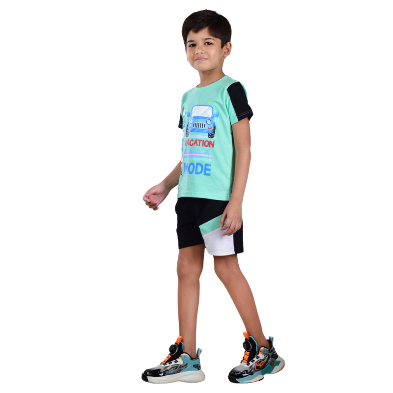 Boys Half sleeve Shirt & Shorts Co-Ord Set, Sea Green & Black