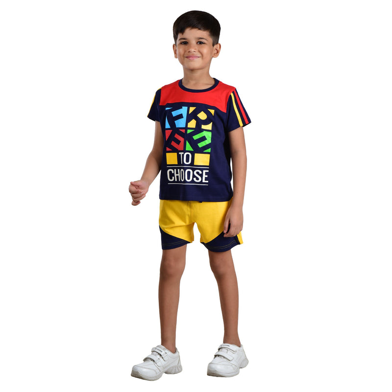 Clothe Funn Boys Co-Ord Set Set, Half Sleeve T-Shirt & Shorts Set, Navy & Gold