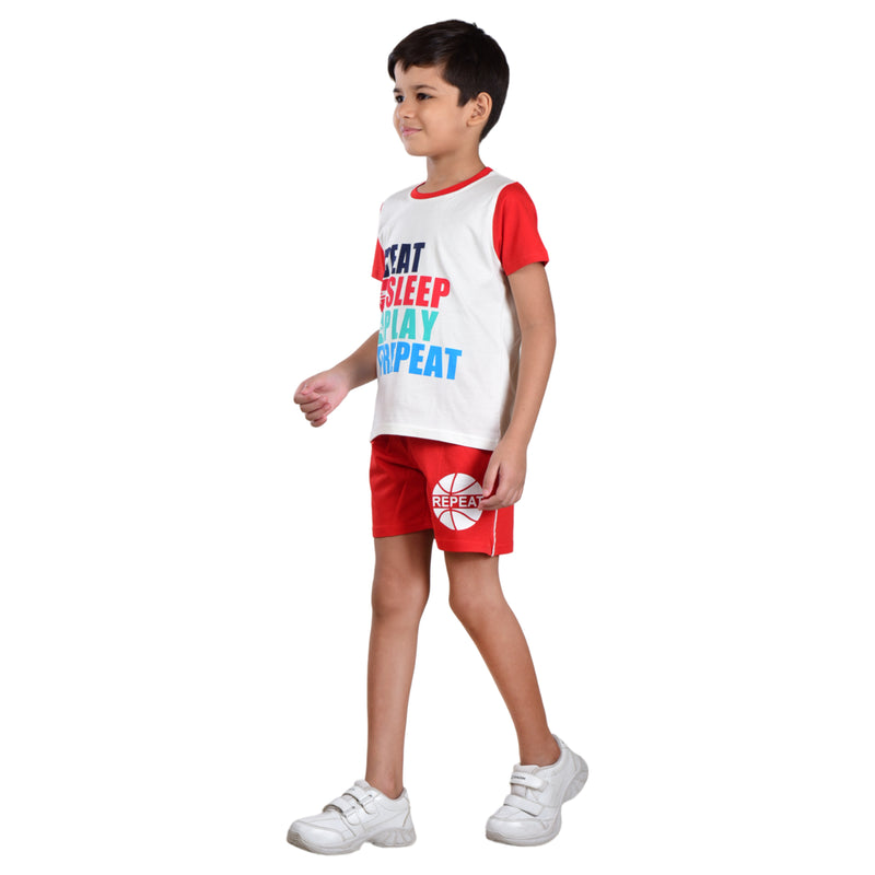 Boys Half sleeve Shirt & Shorts Co-Ord Set, Off White & Red