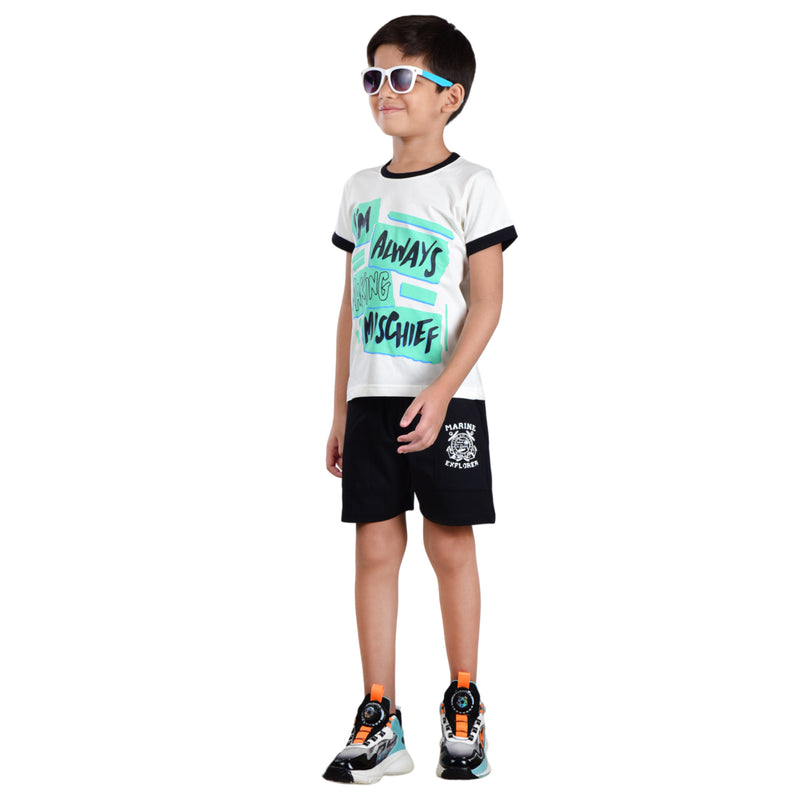 Boys Half sleeve Shirt & Shorts Co-Ord Set, Off White & Black