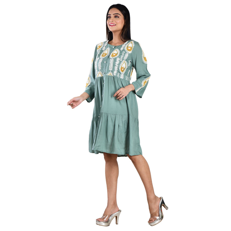 Teal Embroidered Knee Length Dress